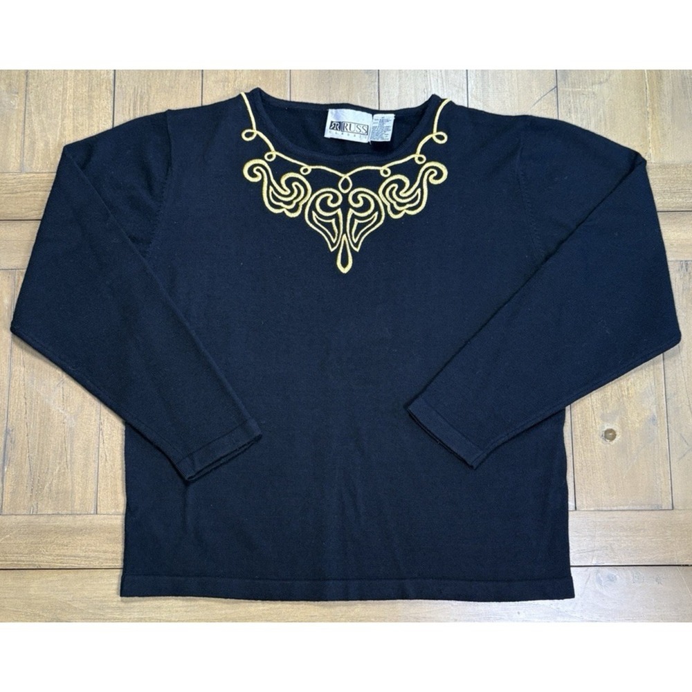 Vintage Russ‎ Classic 80s Wool Black Sweater Gold Scroll Embroidery Baroque M